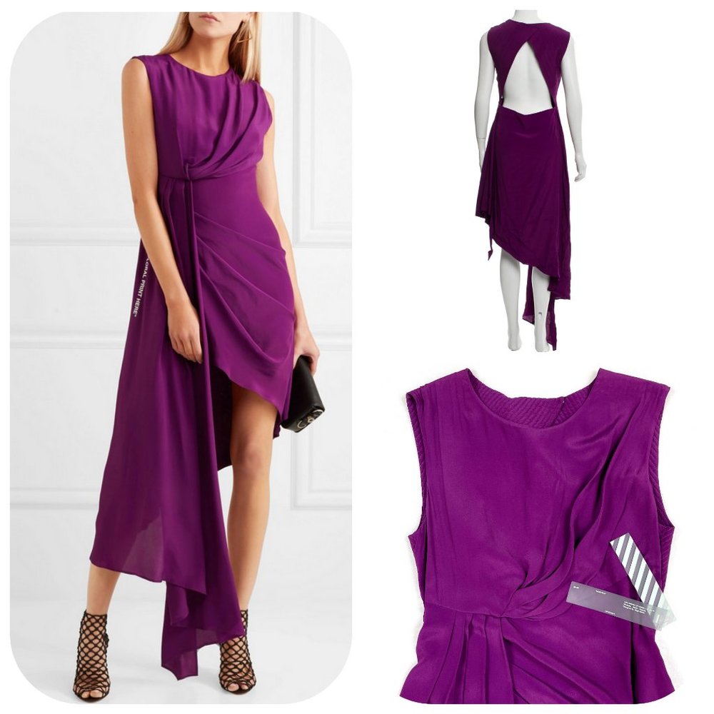 Auc NWT Off-White "Floral Print Here" Asymmetric Crepe De Chine Dress - Picture 5 of 17